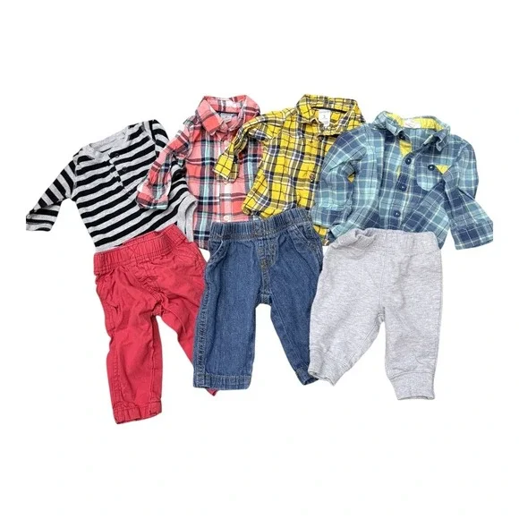 Carter's Cat & Jack Baby Boy 3-6M‎ Clothing Lot 7pc Plaid Shirts Jeans Pants Set