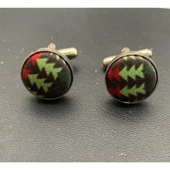 Silver Tone And Christmas Tree Fabric Wrapped Cuff Links