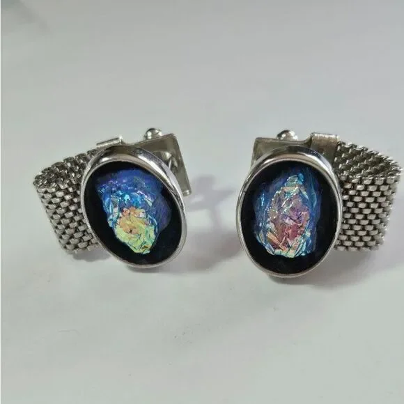 Silver tone lava volcanic glass cufflinks