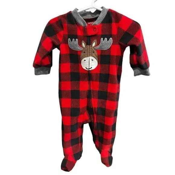 Carter’s Red Plaid Moose One Piece Pajamas 6 Months