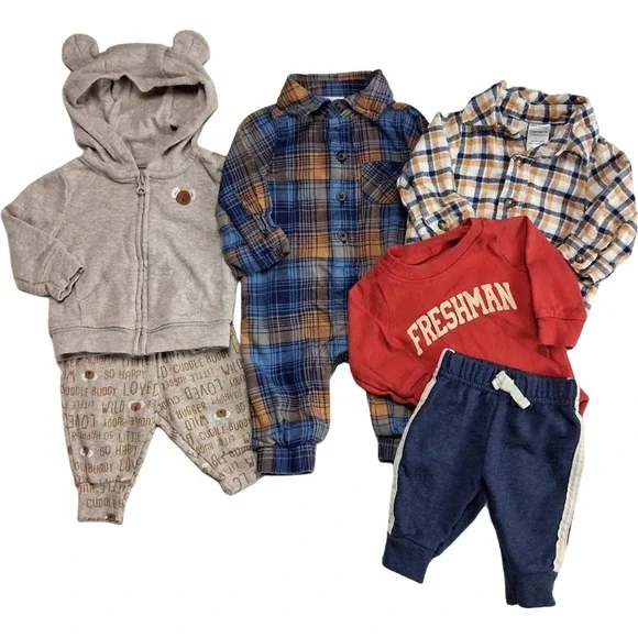 Carter's Baby Boy Newborn Outfit Set Lot 6pc Jacket Jumpsuit Freshman Plaid