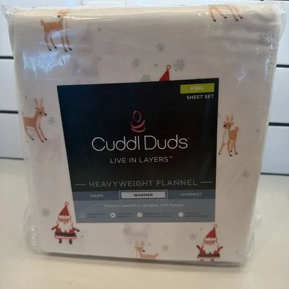 Cuddl Duds King Bed Sheet Set Christmas Santa Reindeer Heavyweight Flannel NEW!