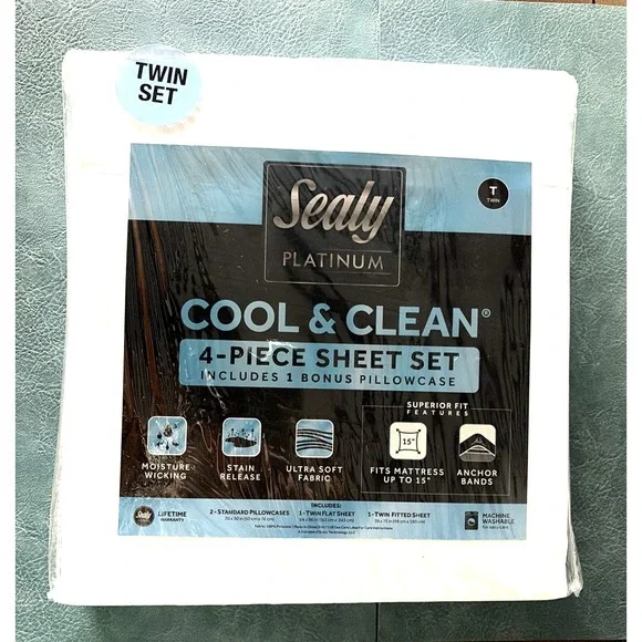 Sealy Platinum COOL & CLEAN 4-Piece Twin Sheet Set in White - NEW