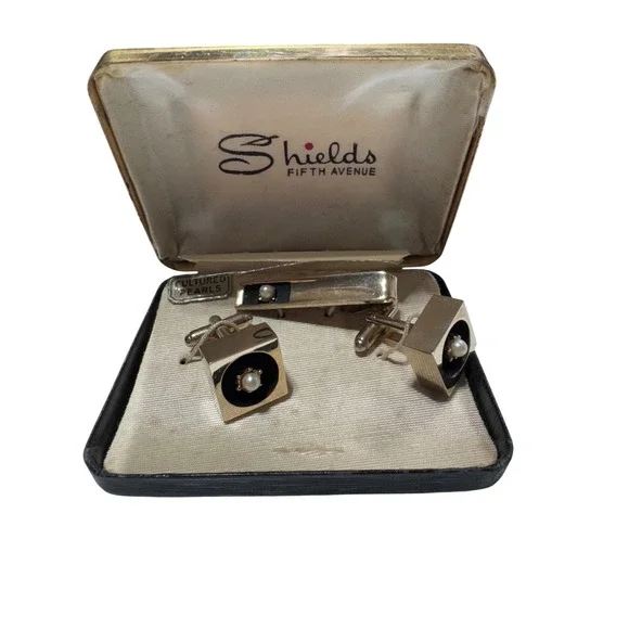 Vintage Shields Fifth Avenue Cufflinks Tie Bar Set‎ Cultured Pearls Rare
