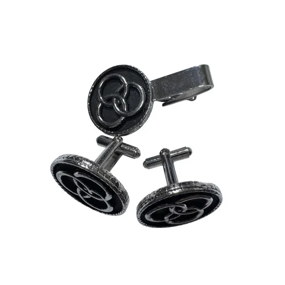 Silver‎ Tone Interlocking Circle Design Cufflinks and Tie Clip Set