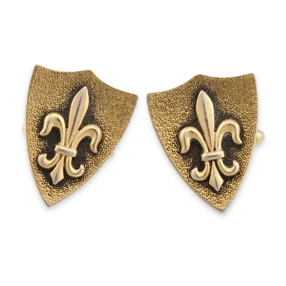 Vintage Fleur-de-Lis Shield Cufflinks Large Gold Tone Cuff Links