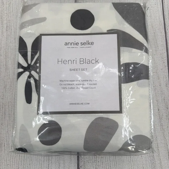 Annie Selke Sheet Set FULL Henri Black White Gray Floral 100% Cotton Abstract