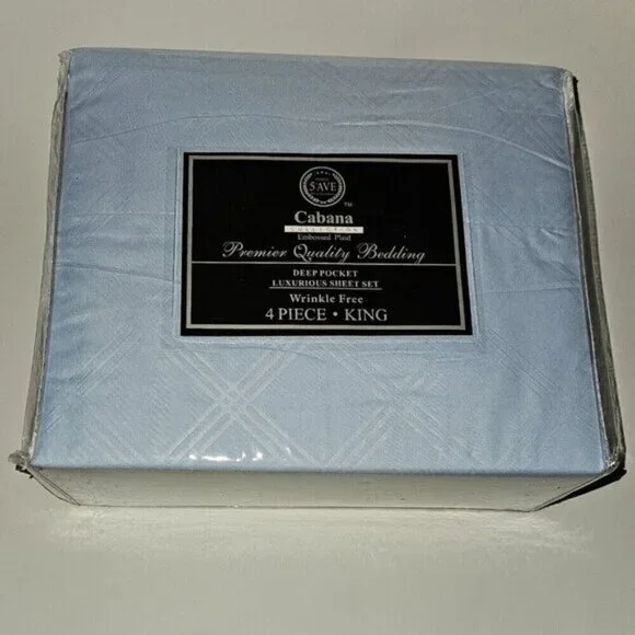 NEW Hotel 5th Ave Cabana Embossed Plaid Blue King Sheet Set Flat Fitted PCx2