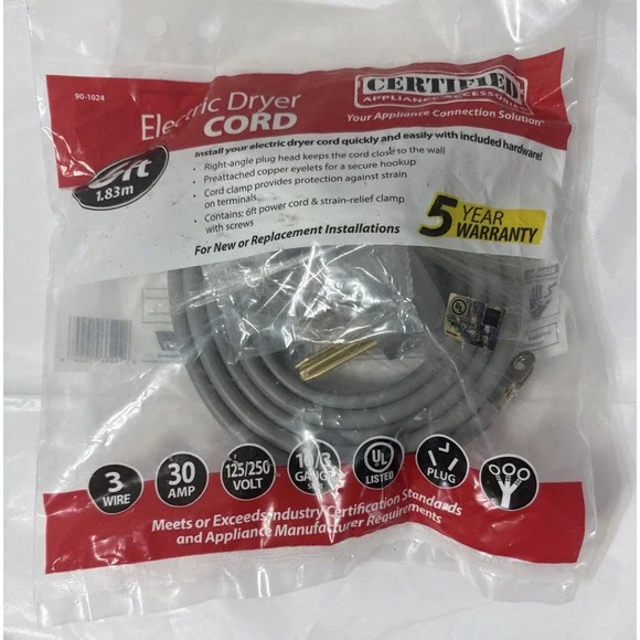 Certified‎ Appliance Accessories 90-1024 Electric Dryer Cord Gray 6ft New