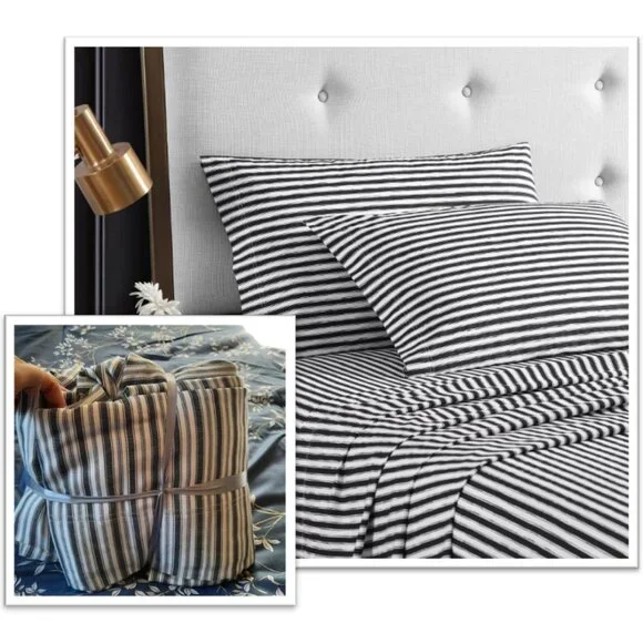 BHG 4-Pc KING Bedsheet Set 100% Cotton - Black/White Single Stripes, Like NEW!