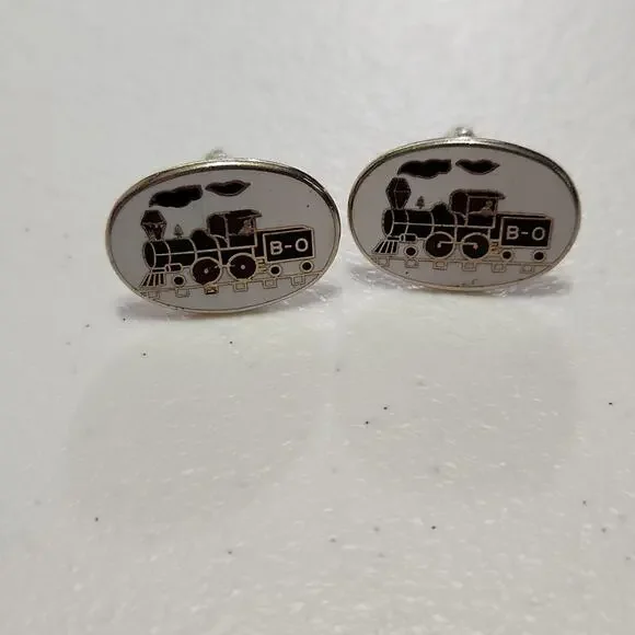 Vintage Oval Train Engine Locomotive Black Red White & Gold Cufflinks‎