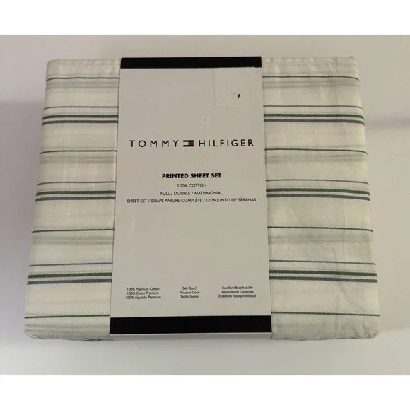 NEW Tommy Hilfiger Green White Stripe Cotton FULL Sheet Set 4pc