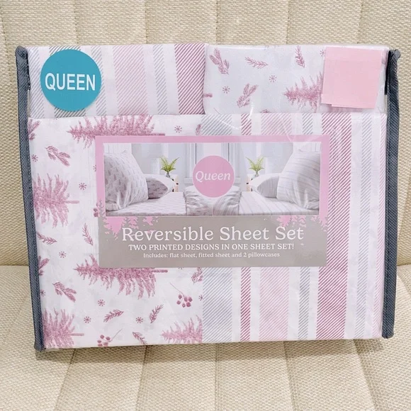 NEW Queen Reversible Sheet Set White Pine Tree Stripe 4pc Winter Holiday Bedding
