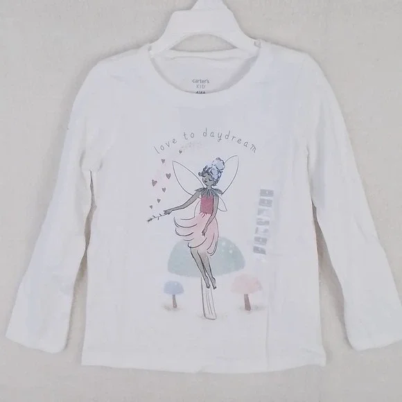 Carter's Kid Long‎ Sleeve Cotton T-Shirt Girl's Size 4 White w/ Fairy Theme
