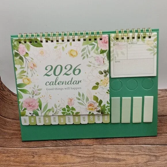 Desktop CALENDAR Small Flip Cardboard Desk SET w/Notes Sticker Tabs GREEN FLORAL