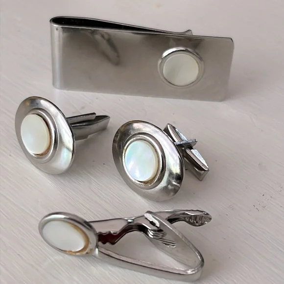 Bundle, mother of pearl money clip, tie bar, and cufflinks