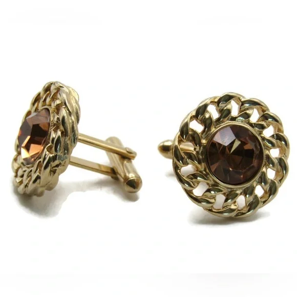 Swank Light Brown Rhinestone Inlay Chain Design Edge Cuff Links Men's Gold toned