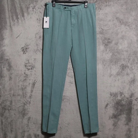 PT Torino Pants Mens 33x36 Green Chino Slim Linen Blend Dress Made in Tunisia