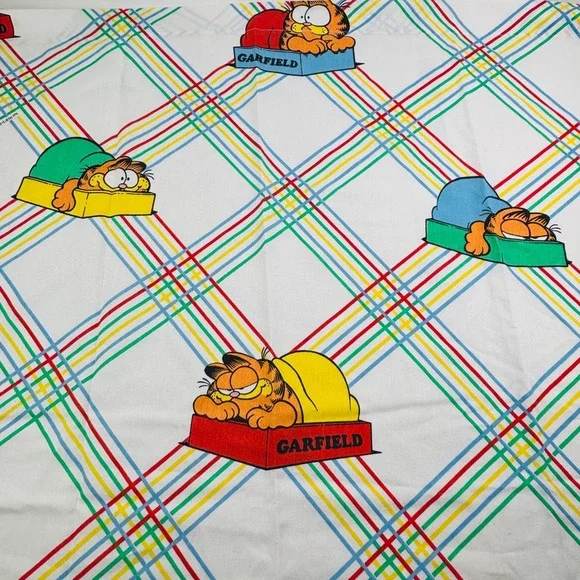 Vintage Garfield Twin Flat Sheet 1978 Rainbow‎ Plaid Stripes Burlington USA Made