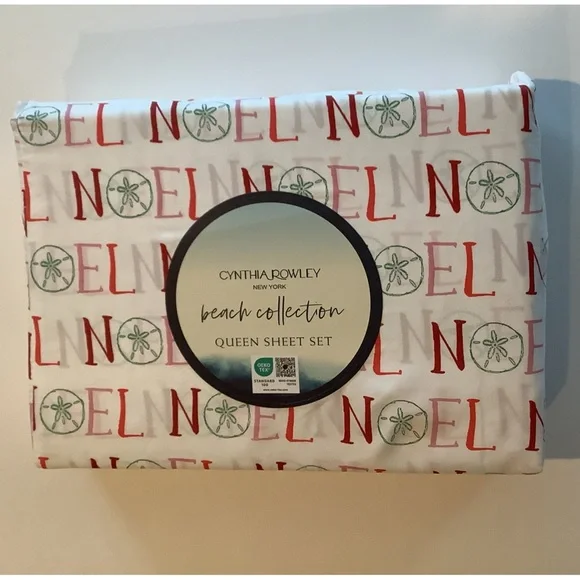 Cynthia Rowley Christmas Noel Sand Dollar Queen Sheet Set New