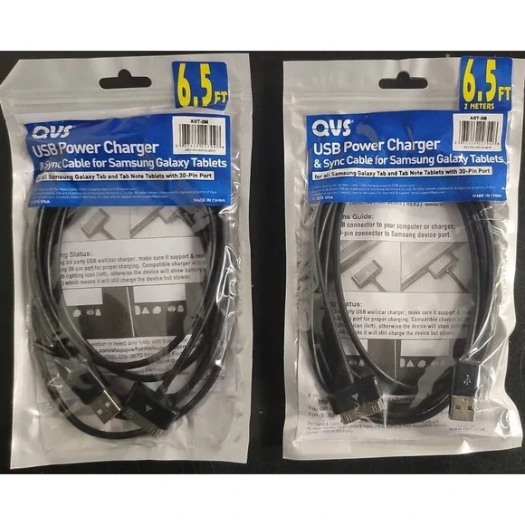 Lot of 2 QVS 6.5 FT USB Sync 2.1Amp Charger Cable Samsung Galaxy Tab/Note Tablet