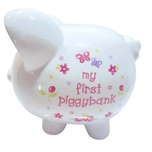 White Ceramic Piggy Bank with Pink and Purple Floral and Butterfly Designs.