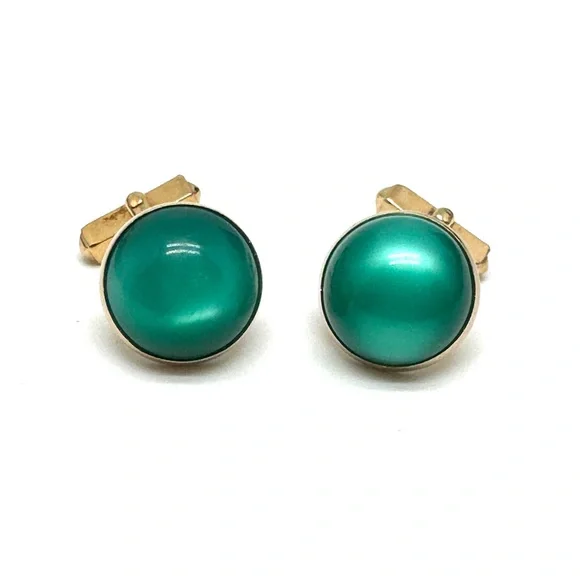 SWANK Vintage Green Moonglow Lucite Dome Cuff Links in Goldtone