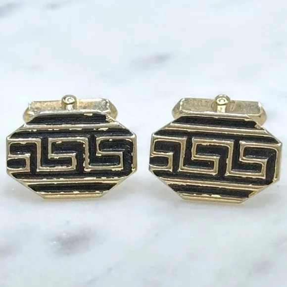 Vintage SWANK Gold Tone & Black Meander Greek Pattern Bullet Back Cufflinks