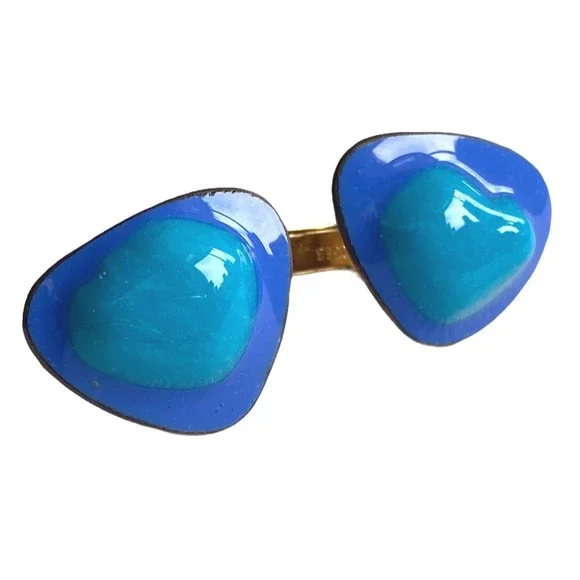 Blue Enamel Round Edges Triangular Shaped Sparkly Gold Tone Men's Cufflinks