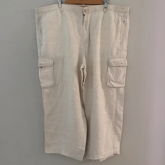 Tommy Bahama Relax Mens 2XB Beige 100% Linen Cargo Pants Elastic Waist Oatmeal