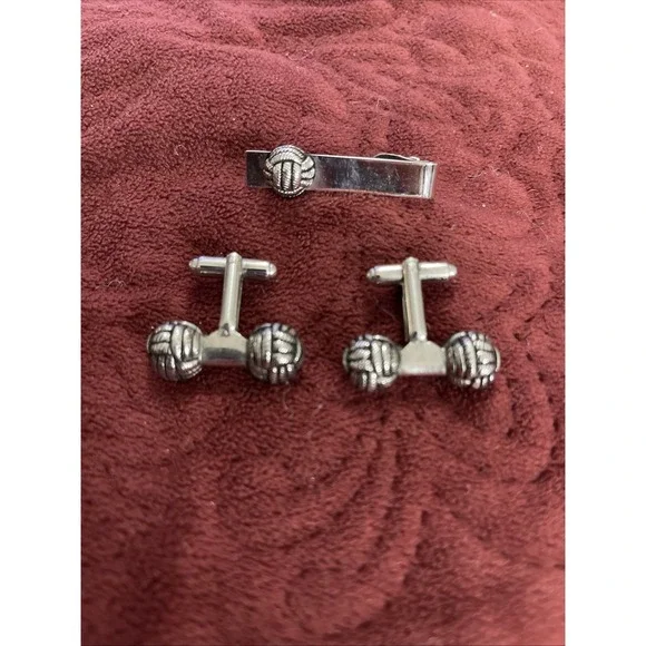 Vintage Cufflinks & Tie Clip With Love Knot Motif, Silvertone - Heavy Turks Head