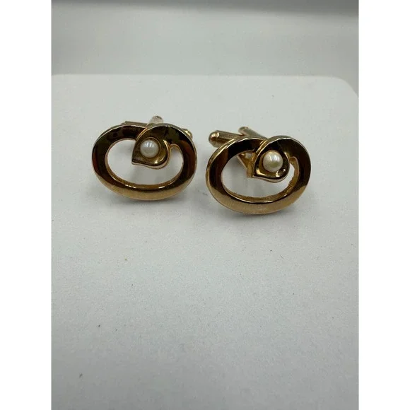 VTG Gold Tone Open Oval Swirl Faux Pearl Accent Cufflinks Formal Mens Accessory