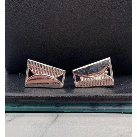 Vintage Swank Silver Tone Classic Geometric Cufflinks Signed