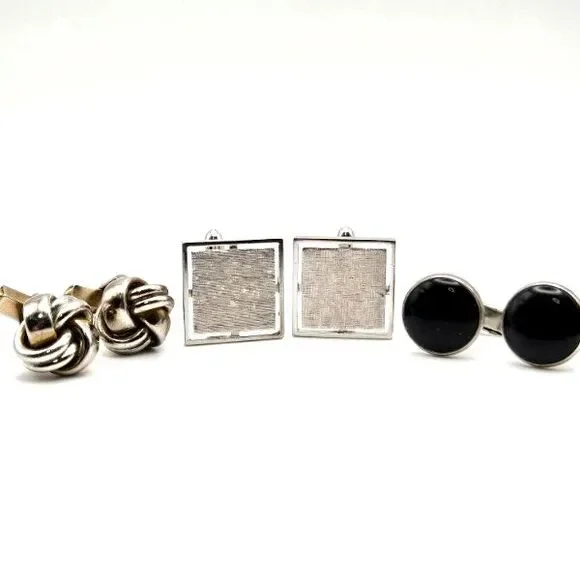 Lot of 3 Pair of Vintage Men's Cuff Links Silvertone Knot Brushed Geometric Onyx