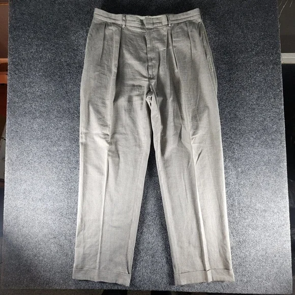 Polo Ralph Lauren Mens 38x32 Gray Herringbone Pleated Cuffed Cotton Dress Pants