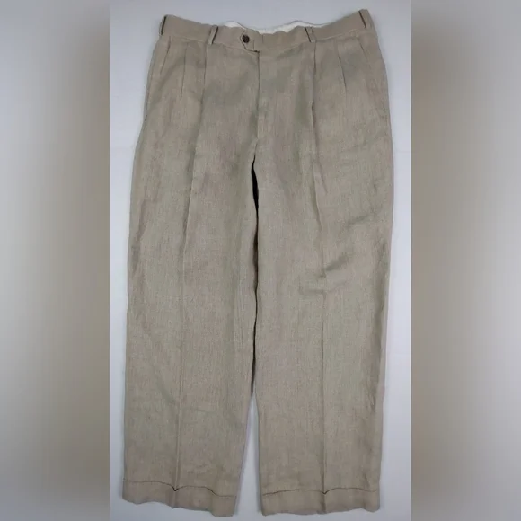 Paul Fredrick Dress Pants Mens Size 38x29 Beige Tan 100% Linen Pleated Cuffed