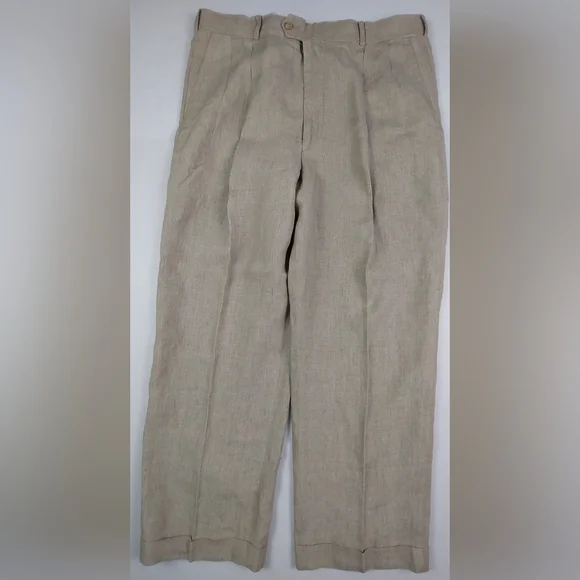Paul Fredrick Dress Pants Mens Size 38x29 Beige Tan 100% Linen Pleated Cuffed