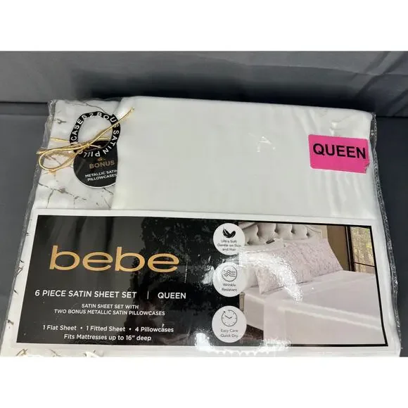 bebe 6 Pc White Satin Queen Size Sheet Set with 2 Bonus Pillowcases NIP