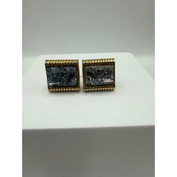 Vintage Gold Tone Speckled Stone Rectangular Cufflinks Mid Century Modern Mens