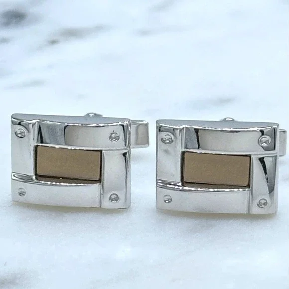 925 Silver Trim & 14K Gold Center Rectangle Elegant Formal Whale Back Cufflinks