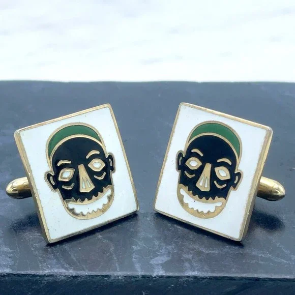 Vintage Swank Tribal Mask White Black Green Enamel Gold Bullet Back Cufflinks