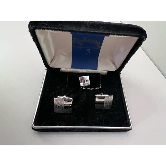 Vintage Silver Tone‎ Cufflinks Tie Bar Embassy Fine Jewelry Men MCM 1950's