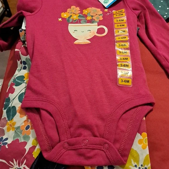 Carter's Baby Floral Cup Shirt and Floral Pants, Green Dots Top and Jean Pants