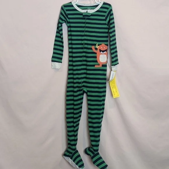 Carter's Green and Blue Striped Monster One Piece Footie Pajamas size 4T