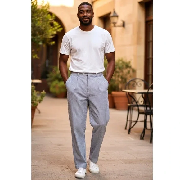 Mens Striped Pleated Dress Pants Navy White‎ Classic Fit Casual Formal
