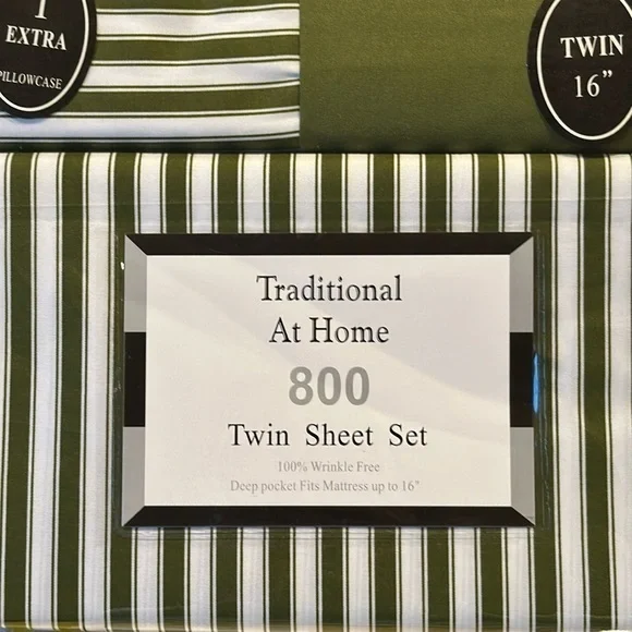 Traditional At Home 4 pc Twin Sheet Set Olive Green and white stripes.