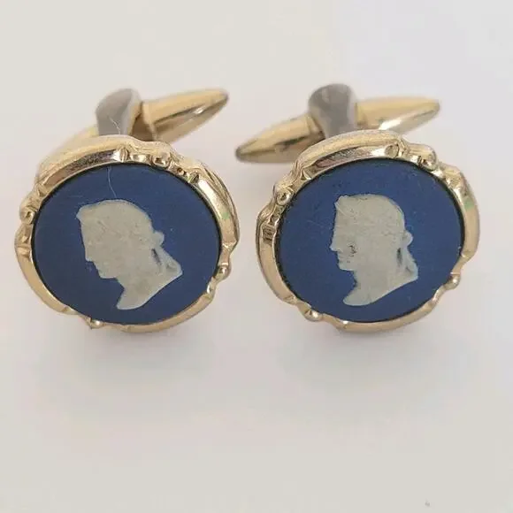 Wedgwood Jasperwear Cufflinks Set Gold Blue Tone Roman Emperor Round England