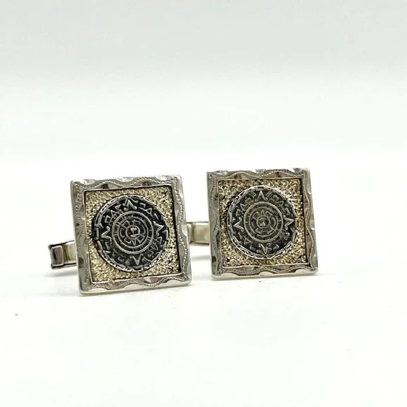 Vintage Sterling Silver Aztec Mayan Calendar Cufflinks Square‎ Textured Design