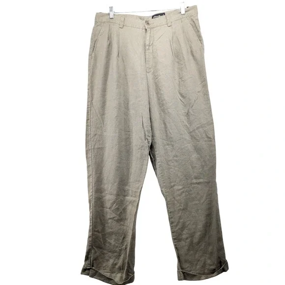 Eddie Bauer Mens 35x32 Pleated Linen Pants Khaki Tan‎ Cuffed Straight Trousers