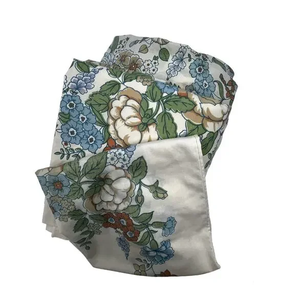 Vintage 70's Floral Bed Sheets Set Queen Size Cream Blue Lady Pepperell Cotton